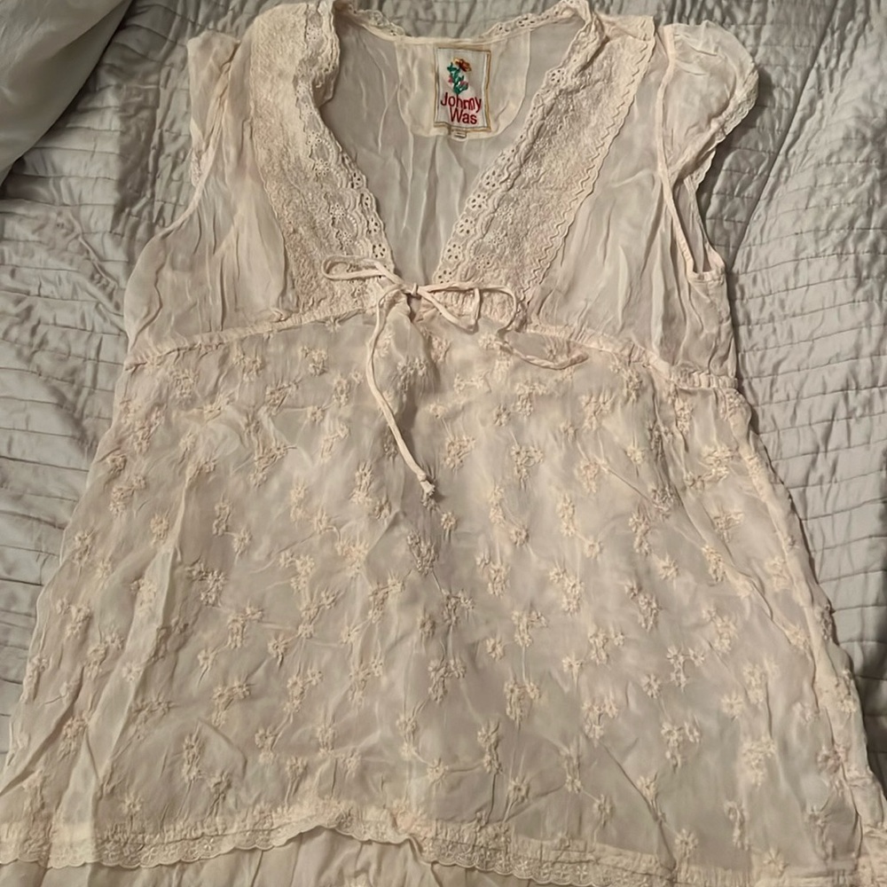 Johnny Was JW L Babydoll Lace Coverup or Sheer Pale Pink Top